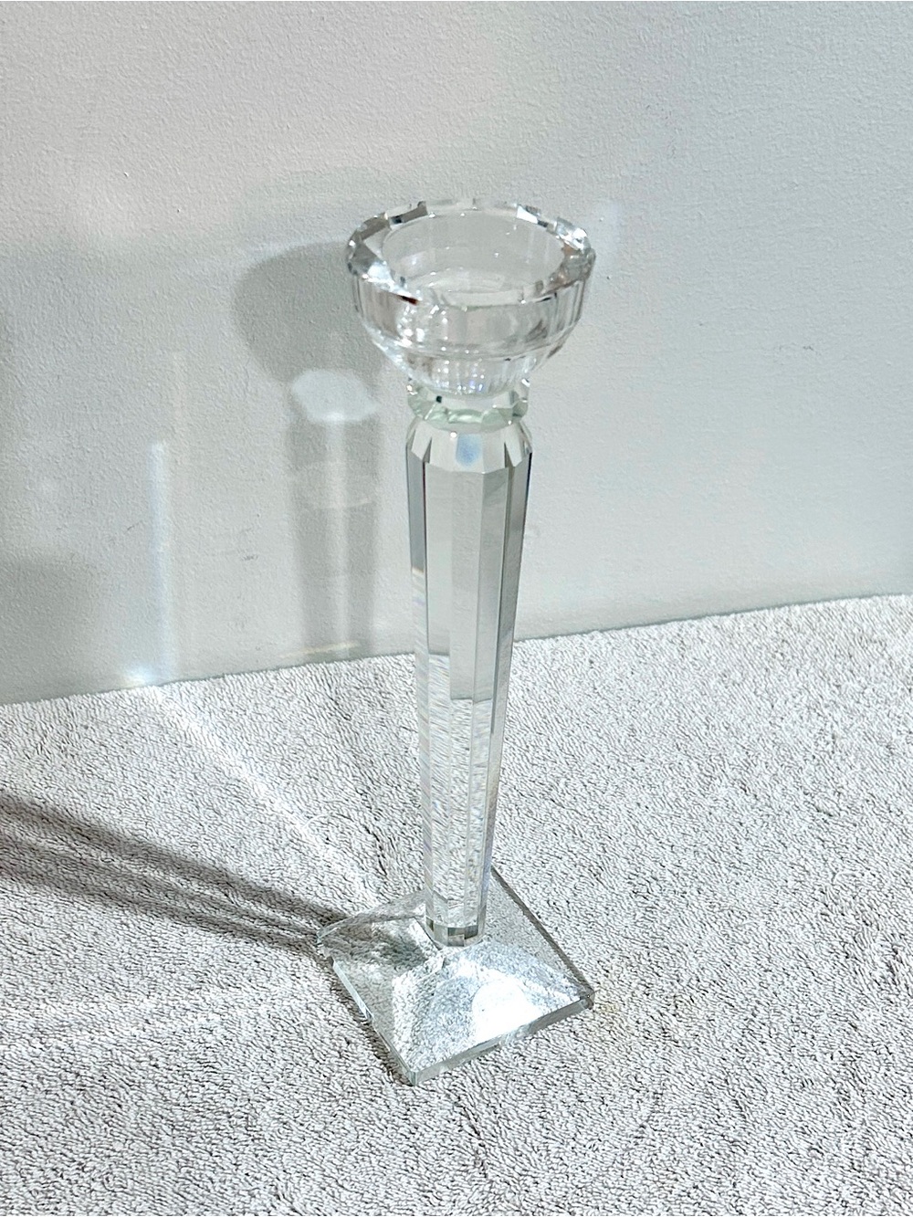 Oleg Cassini Crystal Candlestick Holder 10" Round Top Faceted Stem Square Base